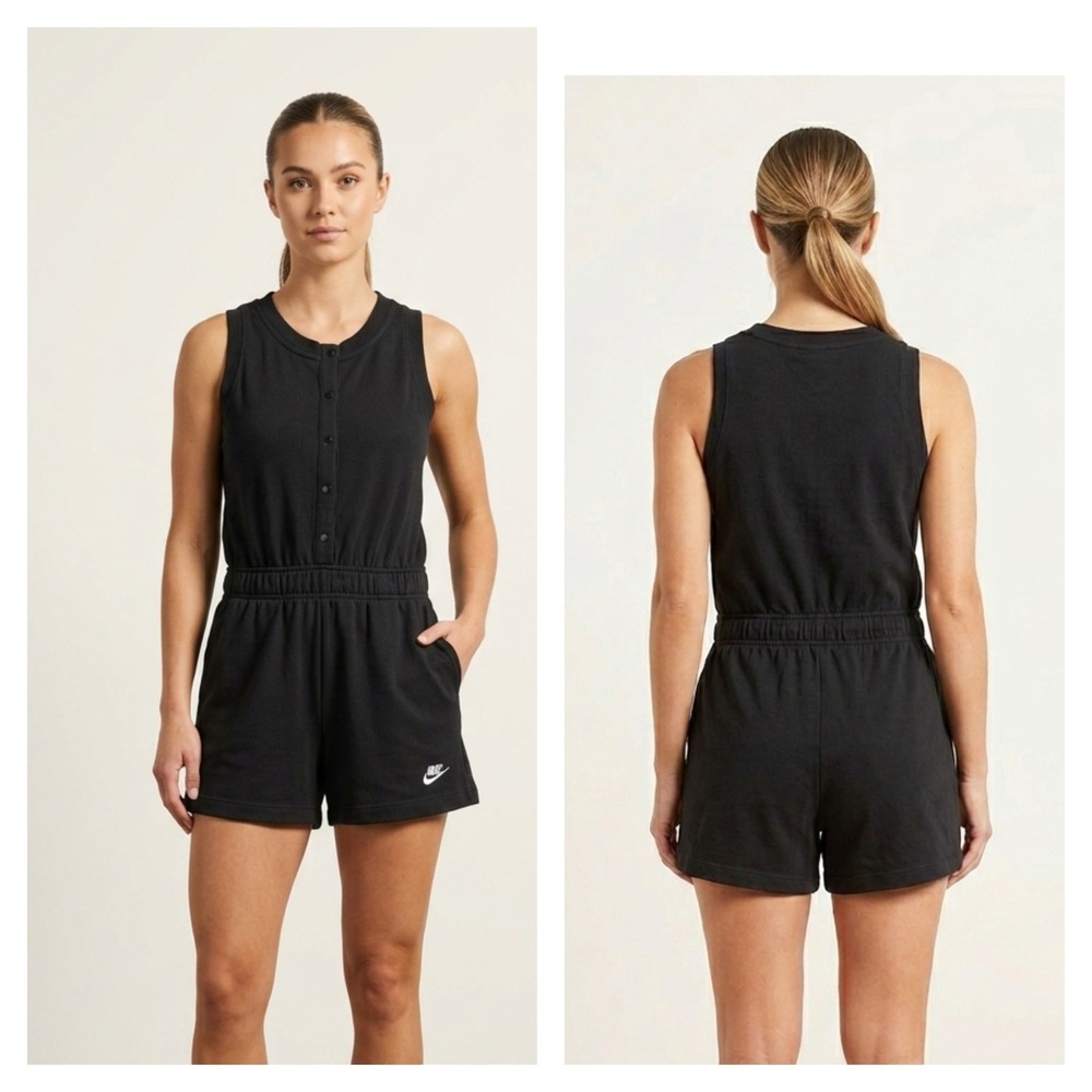 Nike One Piece Romper Womens XL Black Cotton Sleeveless Activewear Pockets Logo